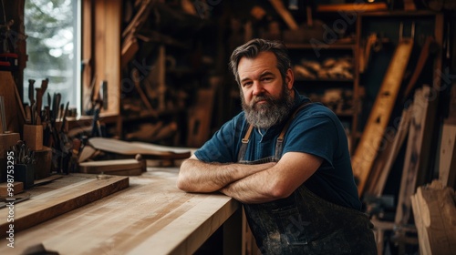 Mature craftsman with beard leaning on workbench in traditional wood workshop