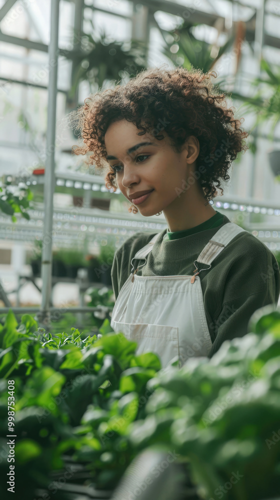 Woman in a greenhouse. Concept of growing healthy food, diet and farming. AI generated. Woman in a greenhouse. Concept of growing healthy food, diet and farming. AI generated.