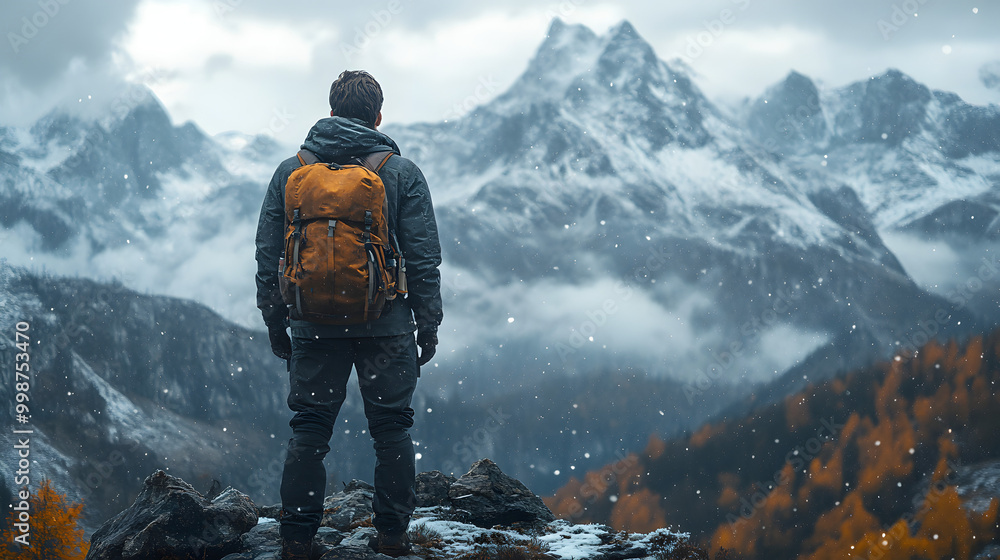 A Hiker with a Backpack Standing on the Top of a Mountain
A Hiker with a Backpack Standing on the Top of a Mountain