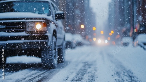 SUV driving in heavy snowstorm on urban street with headlights on for winter safety campaigns