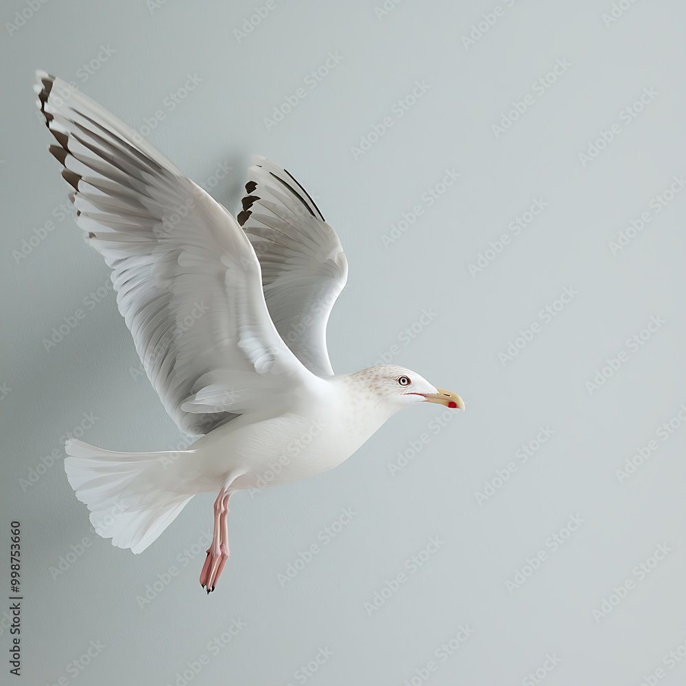 Elegant seagull in mid-flight against a soft backdrop Elegant seagull in mid-flight against a soft backdrop