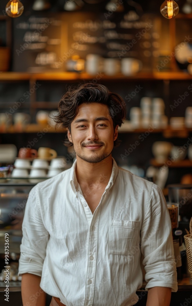 A man in a white shirt stands in front of a counter with a menu behind him. He is smiling and he is happy A man in a white shirt stands in front of a counter with a menu behind him. He is smiling and he is happy