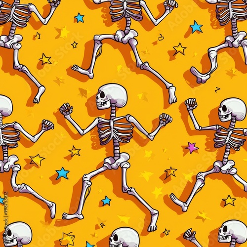 Halloween seamless pattern with skeletons and stars photo