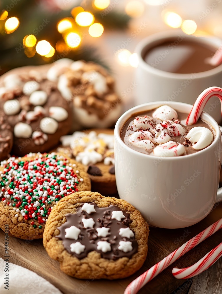 Warm holiday drinks complemented by festive cookies on a cozy table with twinkling lights in the background Warm holiday drinks complemented by festive cookies on a cozy table with twinkling lights in the background
