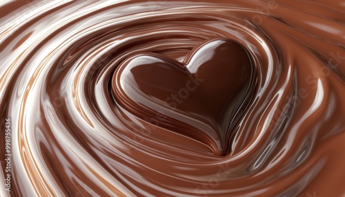 Elegant chocolate heart twisted upward from swirling liquid chocolate, representing love, passion, and the richness of fine chocolate