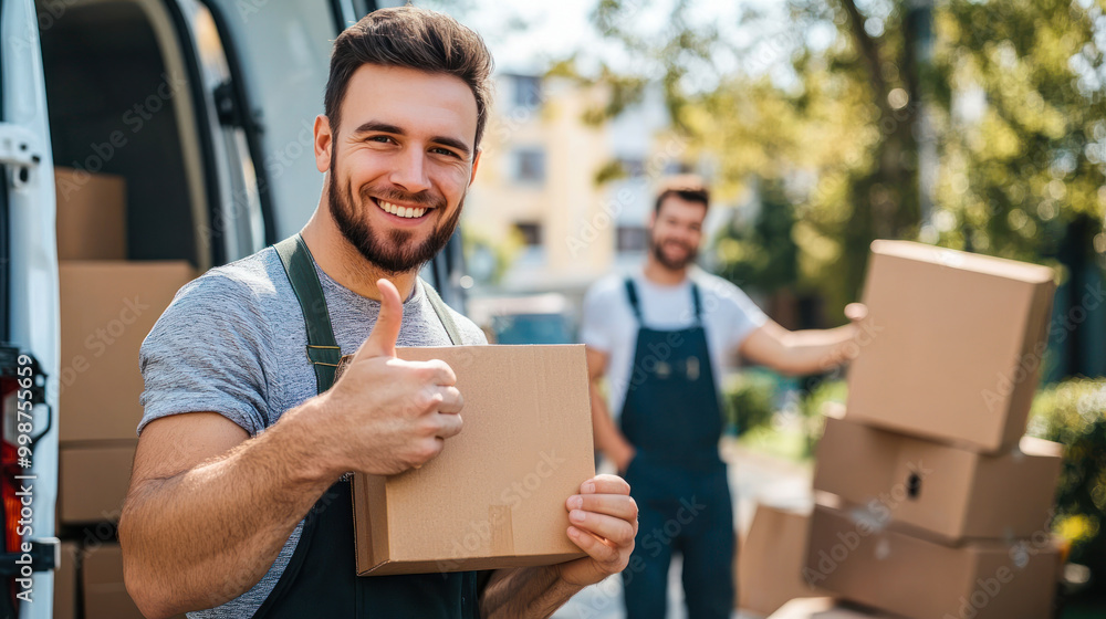 Moving and teamwork in transport services. Handsome smiling loader holding cardboard box and showing thumb up at minivan. Two male moving service workers in uniform carefully carry boxes. Delivery Moving and teamwork in transport services. Handsome smiling loader holding cardboard box and showing thumb up at minivan. Two male moving service workers in uniform carefully carry boxes. Delivery