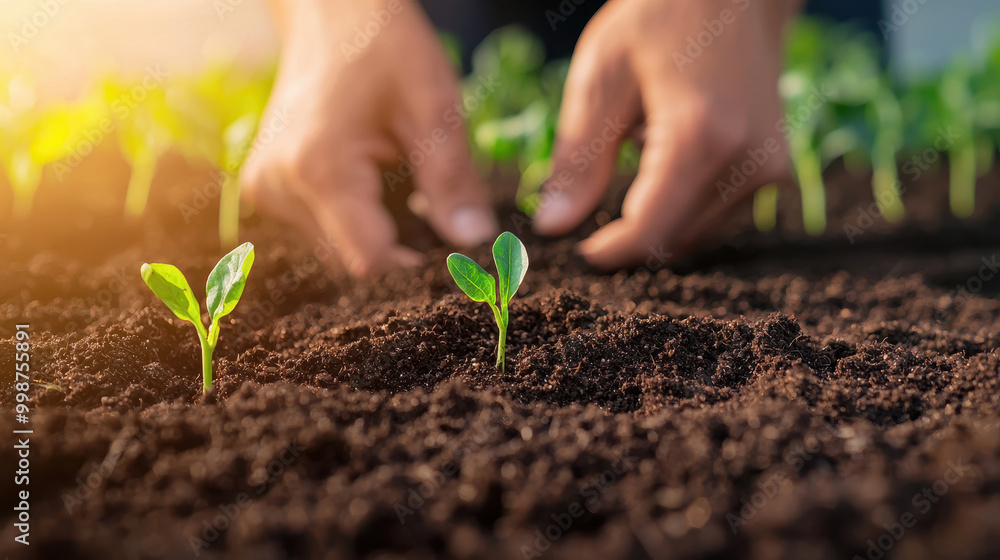 Planting seeds in rich soil, hands gently nurturing young sprouts, symbolizes growth and care for environment. This moment captures essence of sustainable farming Planting seeds in rich soil, hands gently nurturing young sprouts, symbolizes growth and care for environment. This moment captures essence of sustainable farming