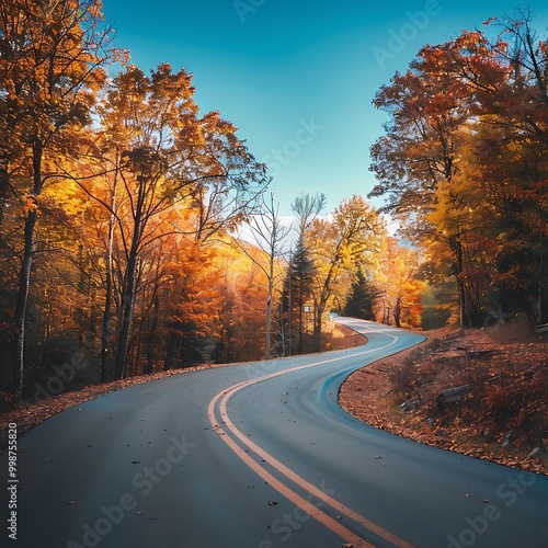 Picturesque scene of a winding road bordered by trees in full autumn colors, leading to a distant horizon under a clear blue sky.