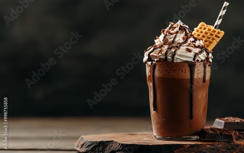 Wallpaper Mural Frosty chocolate frappe topped with smooth whipped cream, dripping with rich chocolate syrup, garnished with a chocolate wafer, luxurious treat Torontodigital.ca