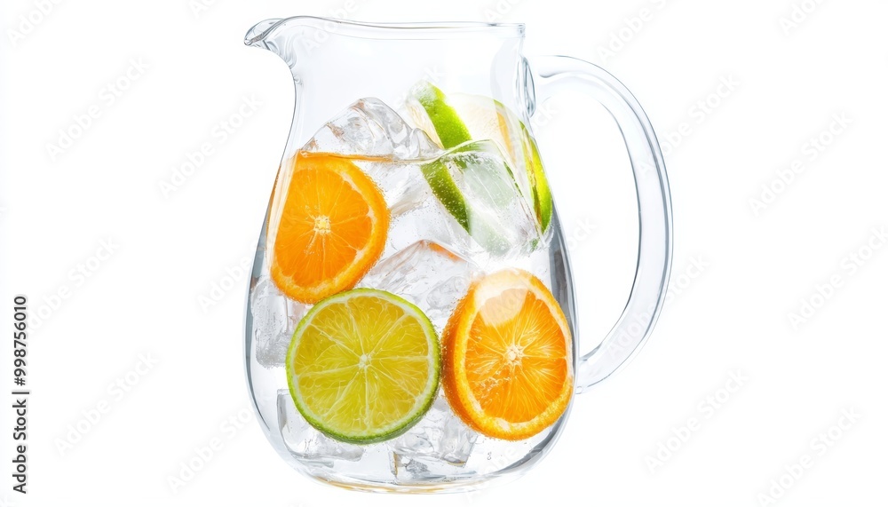 Glass pitcher filled with ice, lime, and orange slices, rustic outdoor background, bright and refreshing summer beverage, perfect for lemonade or juice ads Glass pitcher filled with ice, lime, and orange slices, rustic outdoor background, bright and refreshing summer beverage, perfect for lemonade or juice ads