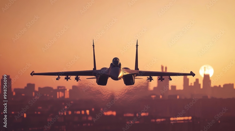 A fighter jet flying against a sunset backdrop, showcasing power and aviation technology. A fighter jet flying against a sunset backdrop, showcasing power and aviation technology.