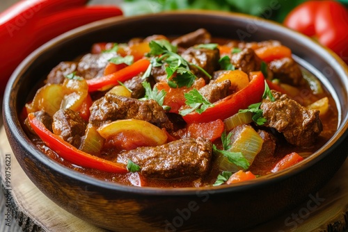 classic beef goulash with peppers and onions - generative ai