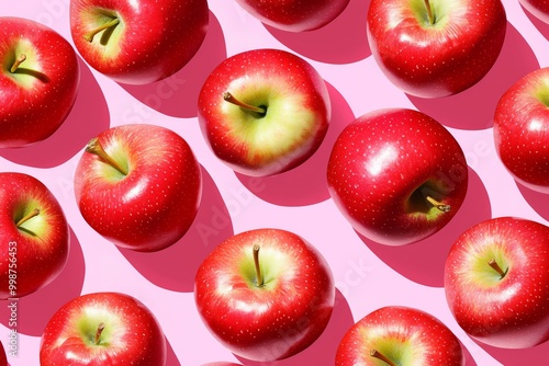 The background of a seamless pattern contains a photo of a ripe red apple on a pink surface