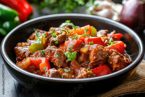 classic beef goulash with peppers and onions - generative ai