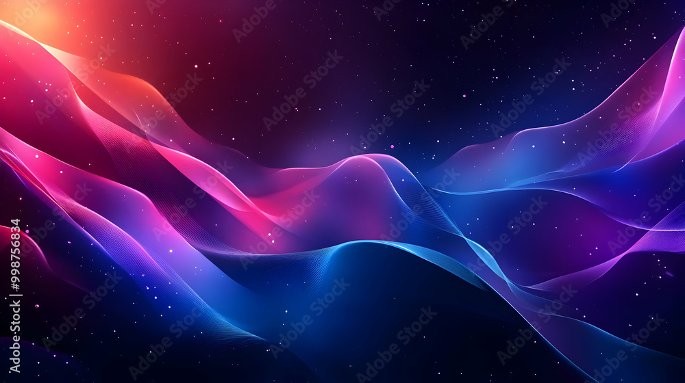 Abstract Background with Glowing Neon Waves and Shimmering Stars in a Dark Night Sky, Digital Art, 3D Rendering Abstract Background with Glowing Neon Waves and Shimmering Stars in a Dark Night Sky, Digital Art, 3D Rendering