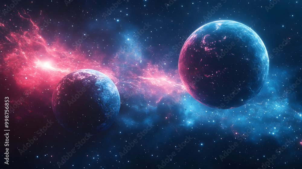 Two Planets Orbiting in a Cosmic Dance with Vivid Nebulae in a Deep Space Illustration Two Planets Orbiting in a Cosmic Dance with Vivid Nebulae in a Deep Space Illustration