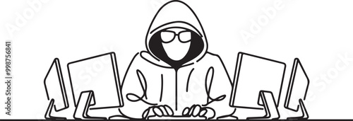 continuous single line drawing of computer hacker stereotype, line art vector illustration
