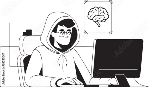 continuous single line drawing of computer hacker stereotype, line art vector illustration
