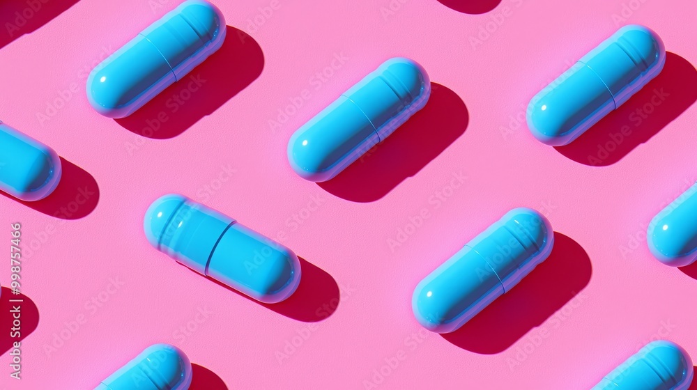 A large blue flat lay pill tablet on a pink background with a healthcare medication sign circle pale colour is rendered in 3D A large blue flat lay pill tablet on a pink background with a healthcare medication sign circle pale colour is rendered in 3D