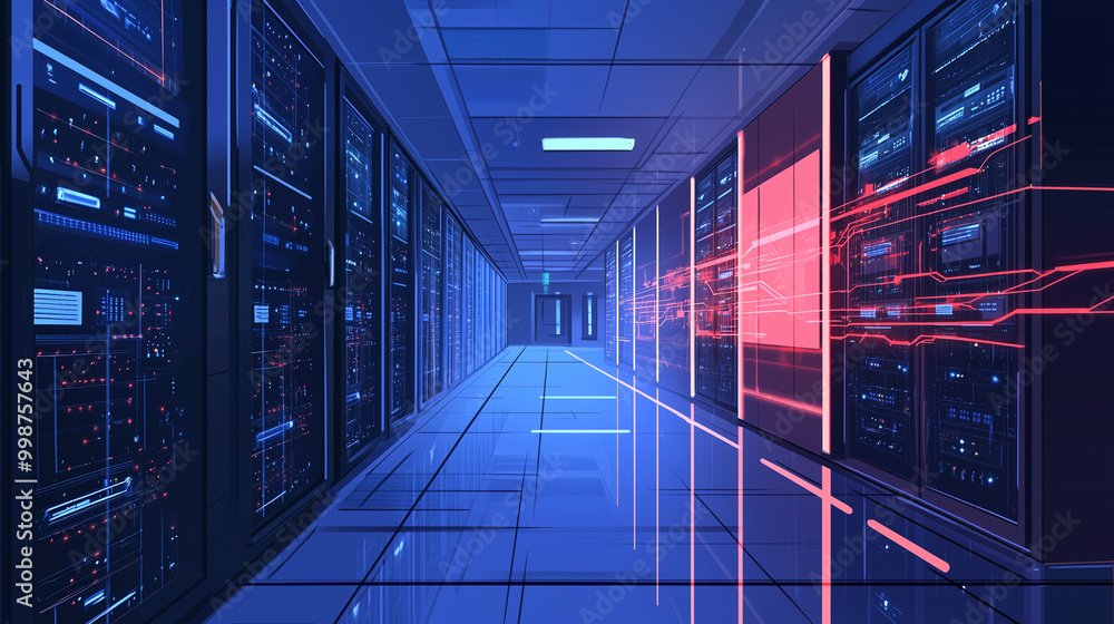 Illustrate a high-tech data center corridor, showcasing rows of rack servers and advanced computing systems. Add dynamic visualizations of data flow and internet connectivity on th Illustrate a high-tech data center corridor, showcasing rows of rack servers and advanced computing systems. Add dynamic visualizations of data flow and internet connectivity on th