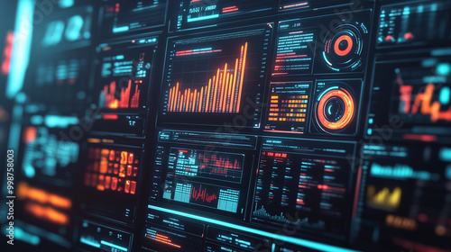 Create a graphic interface illustration representing data analysis for business and finance. Showcase futuristic computer technology displaying profit analytics, online marketing r