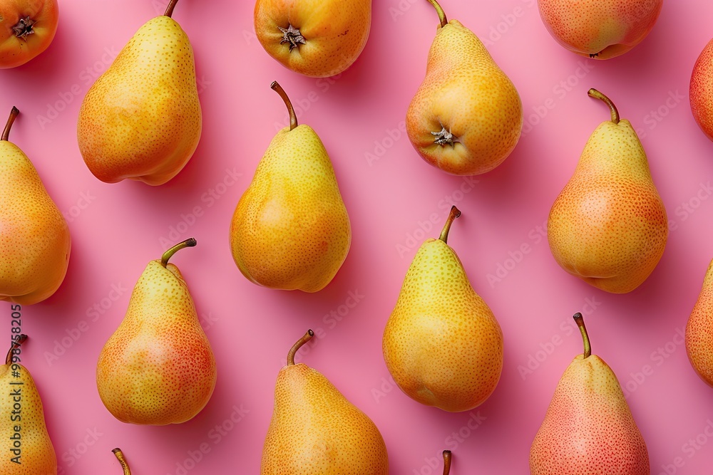 Colorful pattern of yellow pears on pastel pink color background. Ripe juicy whole pears. Autumn, fall, harvest festival. Minimal trendy repeated fruits. Soft shadow. Top view, flat lay. Natural food Colorful pattern of yellow pears on pastel pink color background. Ripe juicy whole pears. Autumn, fall, harvest festival. Minimal trendy repeated fruits. Soft shadow. Top view, flat lay. Natural food