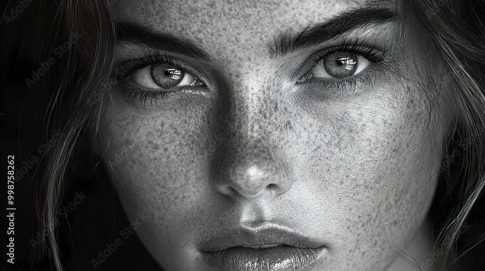 Intense Gaze: Black and White Portrait of a Woman with Freckles Intense Gaze: Black and White Portrait of a Woman with Freckles