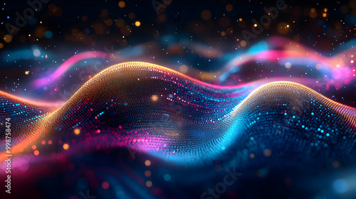 Abstract 3D Render of a Blue, Pink, and Gold Wavy Background with Sparkling Particles
