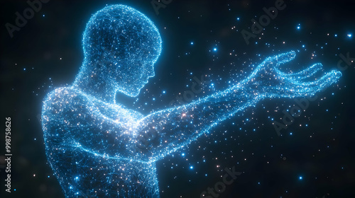 Fototapeta Naklejka Na Ścianę i Meble -  Abstract 3D Digital Art of a Glowing Blue Human Figure with a Network of Lines and Points