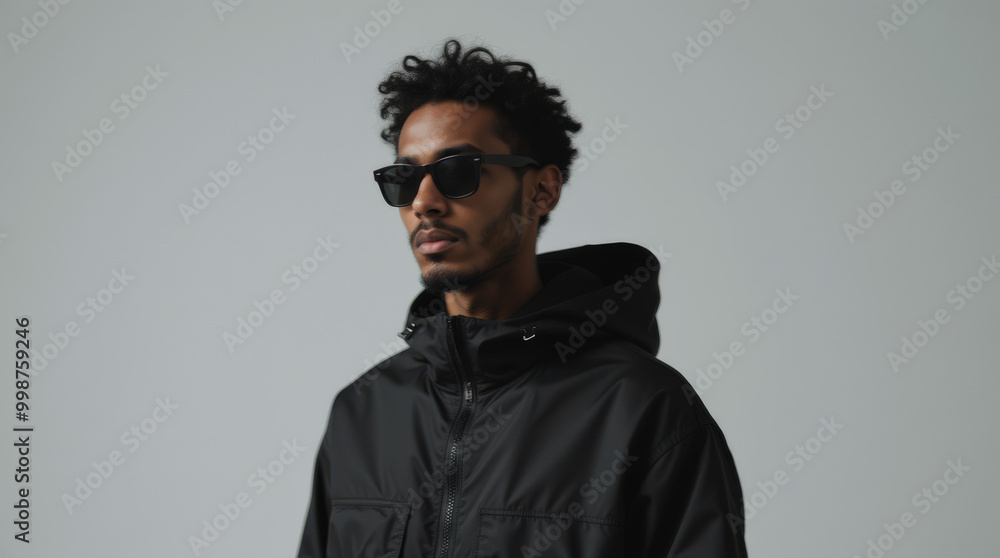 Fototapeta premium Minimalistic Black Techwear Jacket Fashion: Male Model Editorial with Japanese Streetwear Aesthetic and Reflective Urban Style