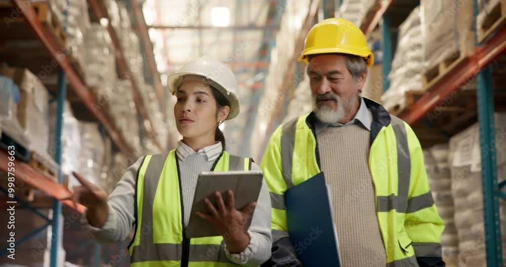 Tablet, engineer team and discussion at warehouse for logistics, shipping or distribution on tech. Factory, people and collaboration for inventory, stock or storage management with supervisor walking Tablet, engineer team and discussion at warehouse for logistics, shipping or distribution on tech. Factory, people and collaboration for inventory, stock or storage management with supervisor walking