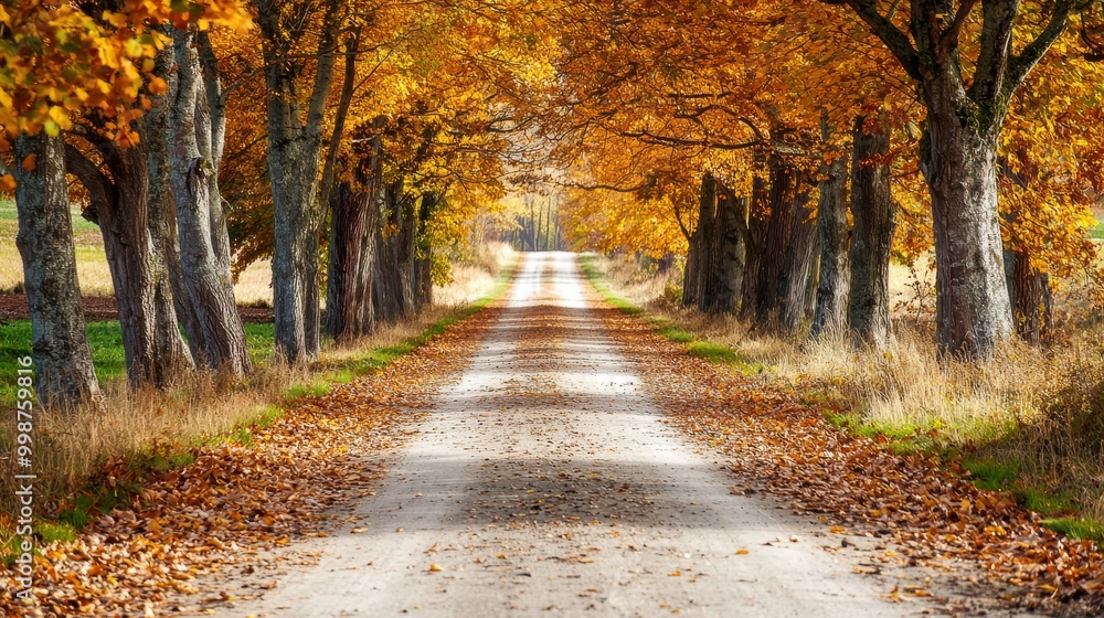 Fototapeta premium A serene country road lined with trees in vibrant autumn colors, covered in fallen leaves. This peaceful scene captures the idyllic essence of the season, inviting tranquility and beauty.
