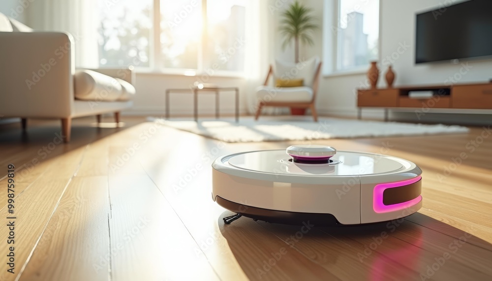 A robotic vacuum operates on wooden floors in a bright and stylish living room A robotic vacuum operates on wooden floors in a bright and stylish living room