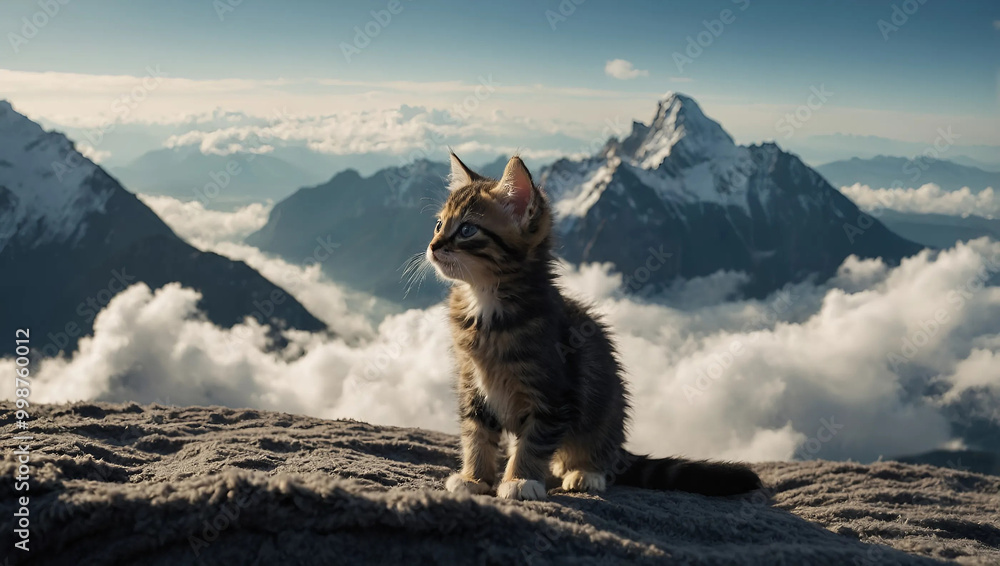 multicolored cat on the mountain top photo soft clouds in the distance snow multicolored cat on the mountain top photo soft clouds in the distance snow