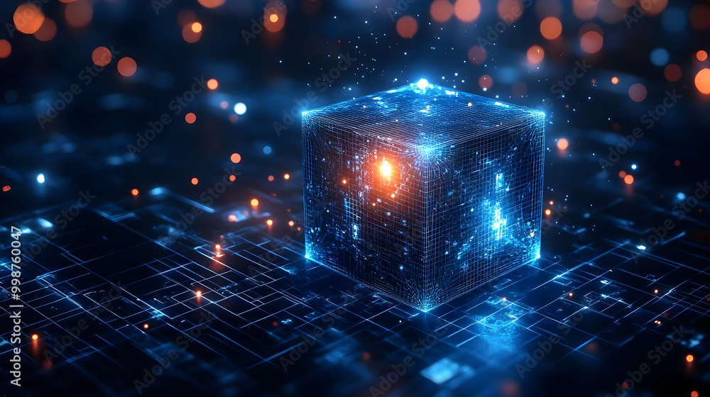 A 3D Rendered Digital Cube, Glowing Blue, On A Dark Background With Orange Bokeh Lights A 3D Rendered Digital Cube, Glowing Blue, On A Dark Background With Orange Bokeh Lights