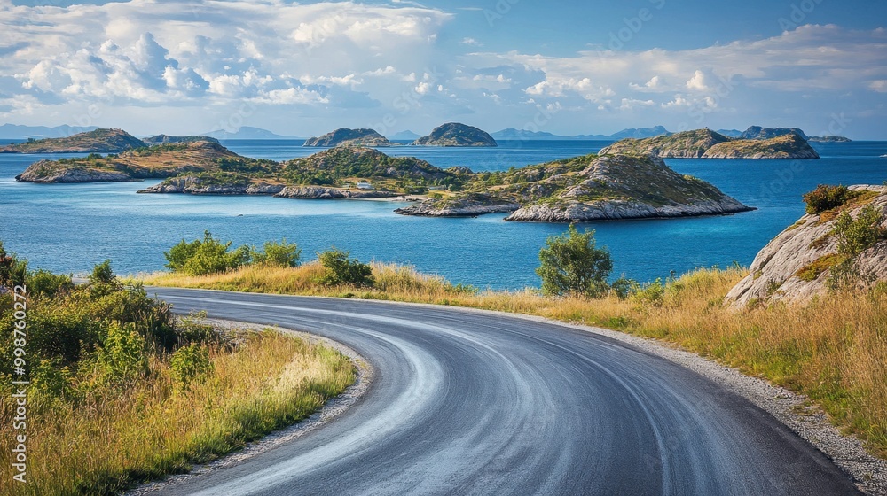 A picturesque drive through a scenic archipelago with distant islands and calm blue waters A picturesque drive through a scenic archipelago with distant islands and calm blue waters