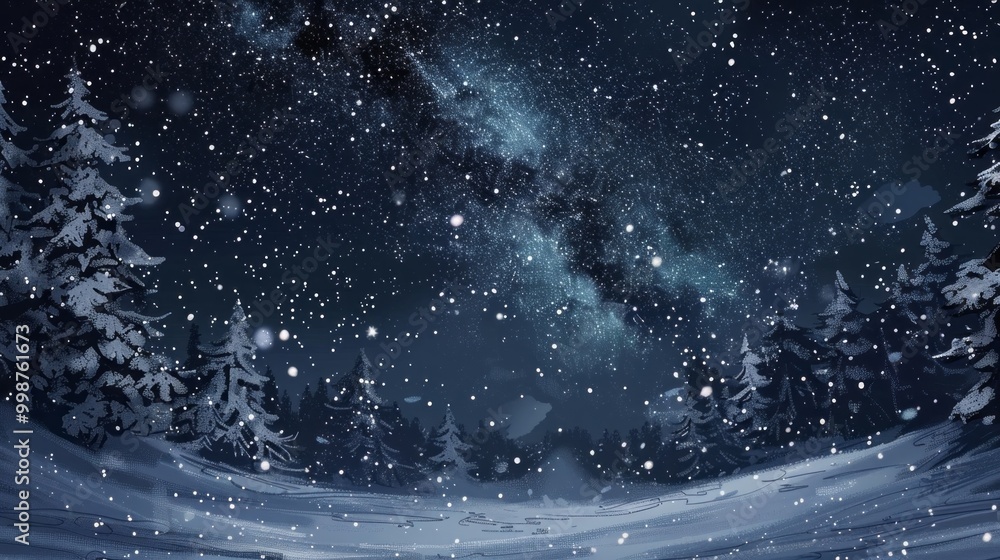 Naklejka premium A snowy landscape with a starry sky and trees