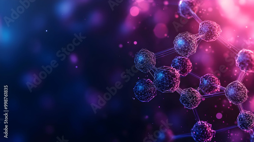 Abstract 3D Geometric Molecular Structure with Vibrant Pink and Blue Colors on a Blurred Background with bokeh effects.