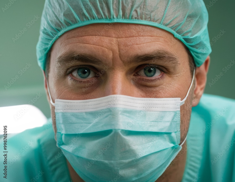 Close-up of a male surgeon's face wearing a mask and cap, with striking blue-green eyes and an intense expression, illuminated in a dim operating room Close-up of a male surgeon's face wearing a mask and cap, with striking blue-green eyes and an intense expression, illuminated in a dim operating room