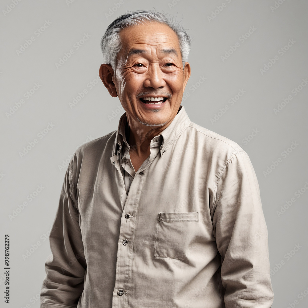 Studio photoshoot of an old Asian person smiling and looking at the camera. Studio photoshoot of an old Asian person smiling and looking at the camera.