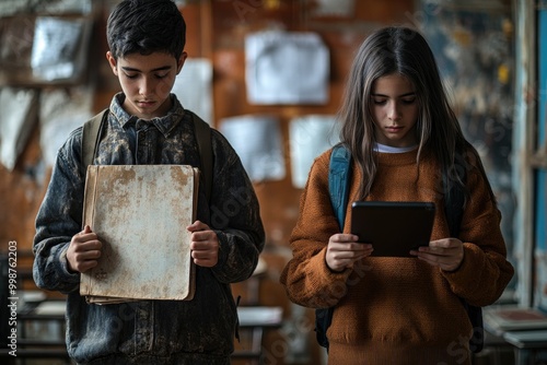 Two students side by side one holding an outdated textbook in a dilapidated classroom, and the other using a tablet in a well-funded school with a soft focus on their environments