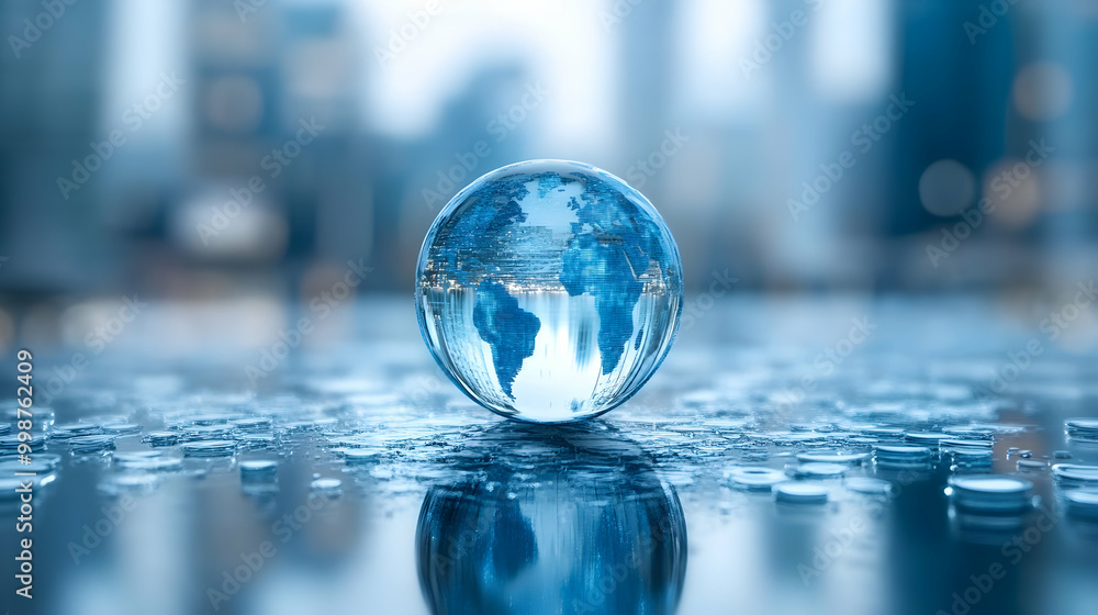 Glass Globe with World Map Inside on a Blue Surface with Abstract Background, a Conceptual Image for Global Connectivity and Interdependence Glass Globe with World Map Inside on a Blue Surface with Abstract Background, a Conceptual Image for Global Connectivity and Interdependence