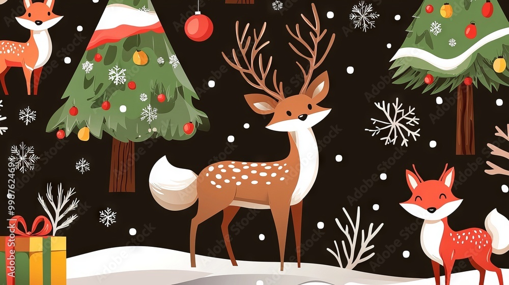 Fototapeta premium generative AI pattern with deer, trees, and snowflakes on a dark background.