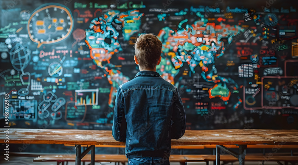 Obraz premium Illustration of Person Looking at a World Map Drawn on a Blackboard