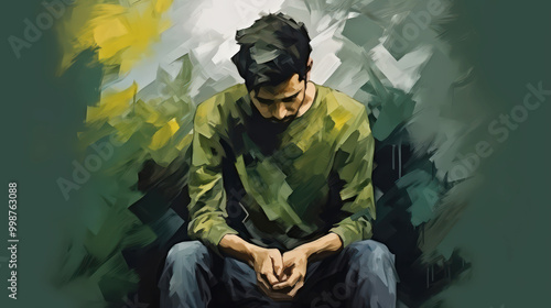 An oil paint and watercolour, a man with mental health ,Depressed man sitting  , stressed sad young man having mental problems,Domestic Violence and Trafficking