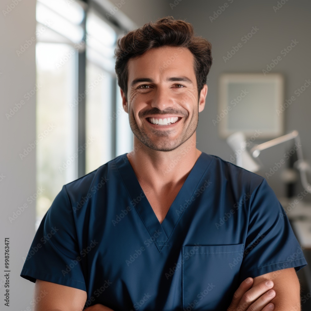 A man in blue scrubs smiles for the camera with arms crossed A man in blue scrubs smiles for the camera with arms crossed