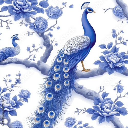 Floral branches with birds, leaves, trees, seamless vinrage vintage print in blue color Stock Image photo