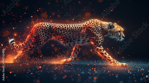 Abstract mash line and point cheetah in flames style on dark background with an inscription. Business net speed of a starry sky or space, consisting of stars and the universe. Vector illustration