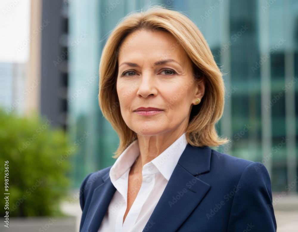 Portrait of a mature middle-aged caucasian european woman in suit outdoors with a blurry business center in backdrop Portrait of a mature middle-aged caucasian european woman in suit outdoors with a blurry business center in backdrop
