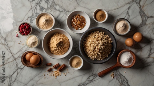 Spices Flat Lay of Baking Ingredients on a Marble Countertop, cooking ingredients, desserts.